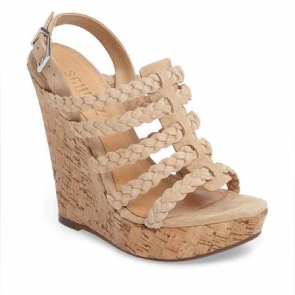 SCHUTZ Beige Braided Cork Wedge Sandals